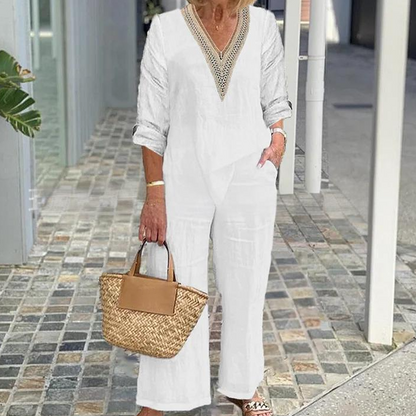 Haut à col en V et pantalon à jambes larges pour femme