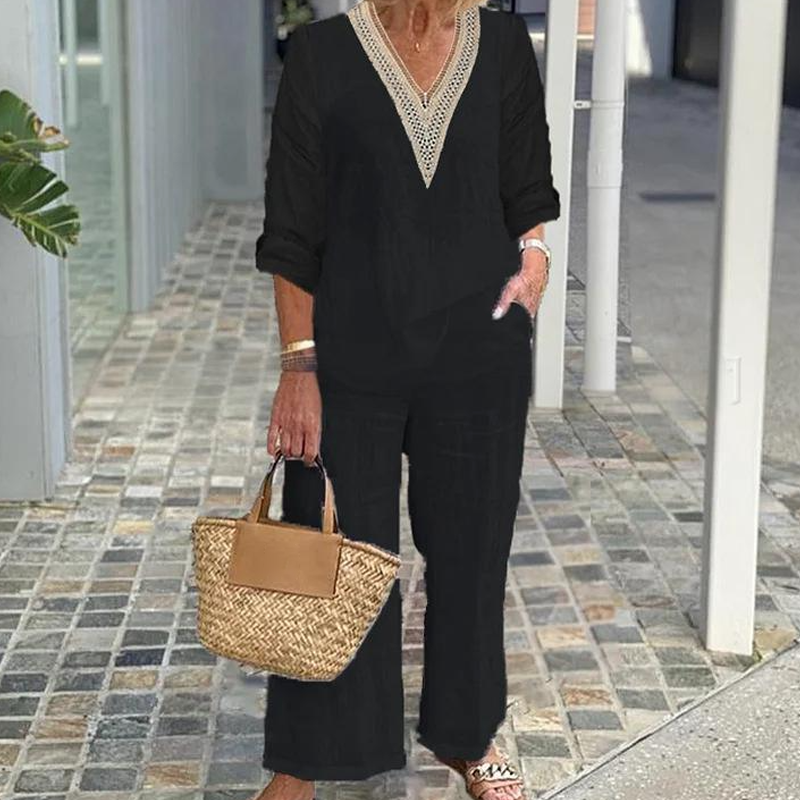 Haut à col en V et pantalon à jambes larges pour femme