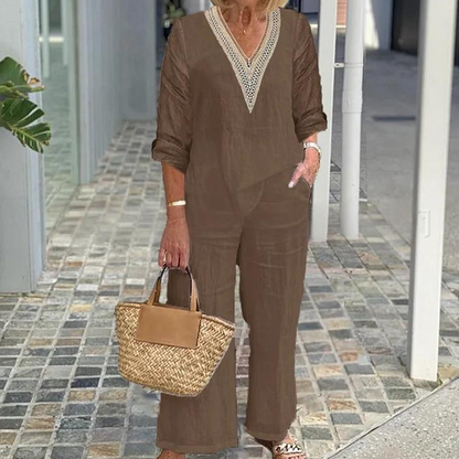 Haut à col en V et pantalon à jambes larges pour femme