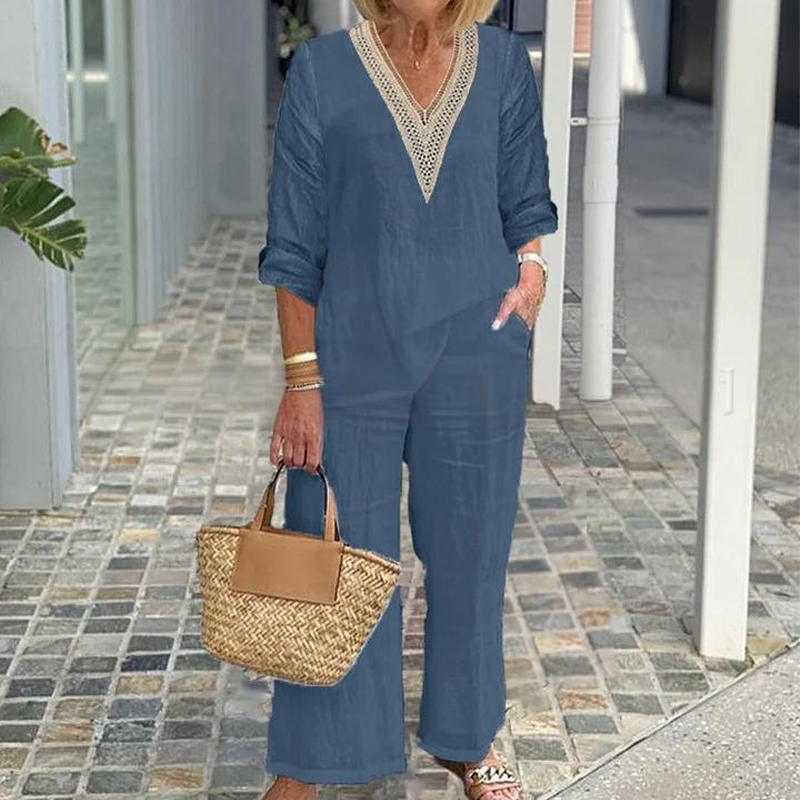 Haut à col en V et pantalon à jambes larges pour femme