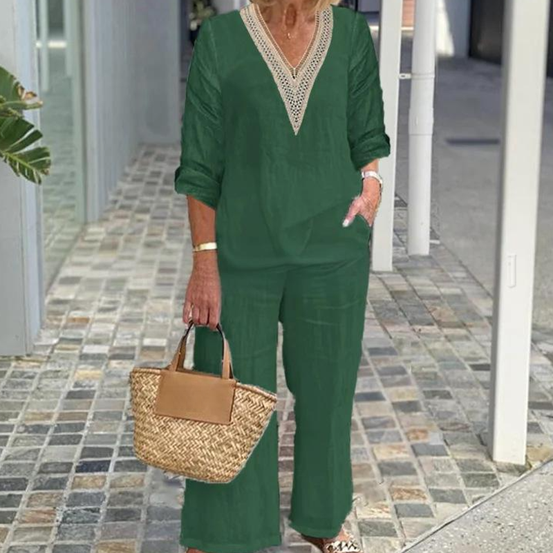 Haut à col en V et pantalon à jambes larges pour femme