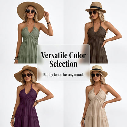 👗🚚💨 PROMO -50% + LIVRAISON GRATUITE dès 2 articles ! Robe Longue Dos Nu & Col Licou – Viscose Fluide, 3 Couleurs (S-XL)