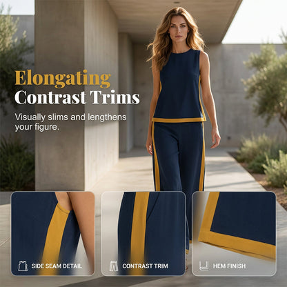 Ensemble décontracté composé d'un haut sans manches à blocs de couleur et d'un pantalon à jambes larges