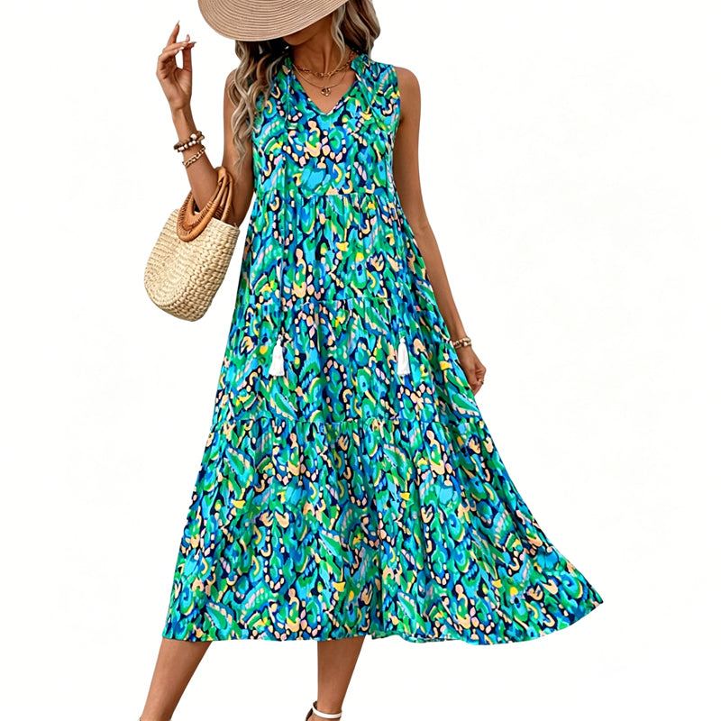 👗🌸☀️ PROMO -50% EN CE MOMENT ! Robe Midi à Volants sans Manches – Imprimé Abstrait, Coupe Fluide (7 Couleurs, S-XL)