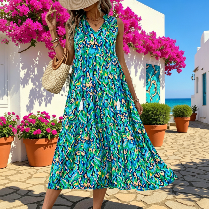 👗🌸☀️ PROMO -50% EN CE MOMENT ! Robe Midi à Volants sans Manches – Imprimé Abstrait, Coupe Fluide (7 Couleurs, S-XL)
