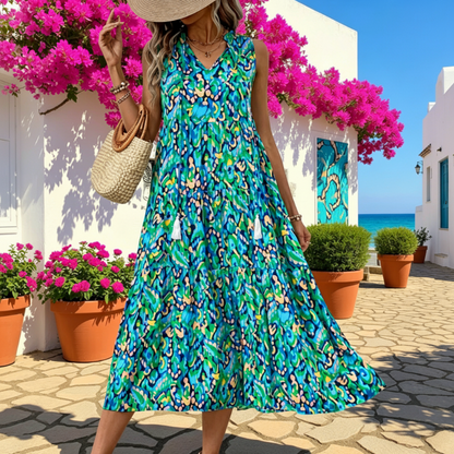👗🌸☀️ PROMO -50% EN CE MOMENT ! Robe Midi à Volants sans Manches – Imprimé Abstrait, Coupe Fluide (7 Couleurs, S-XL)