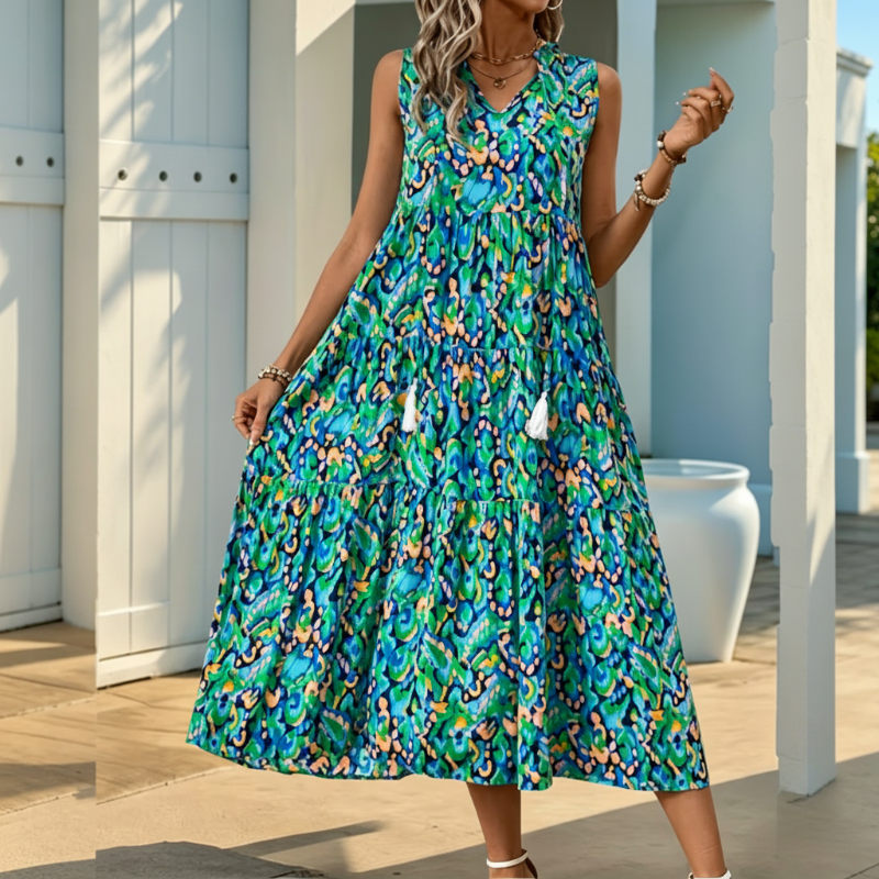 👗🌸☀️ PROMO -50% EN CE MOMENT ! Robe Midi à Volants sans Manches – Imprimé Abstrait, Coupe Fluide (7 Couleurs, S-XL)