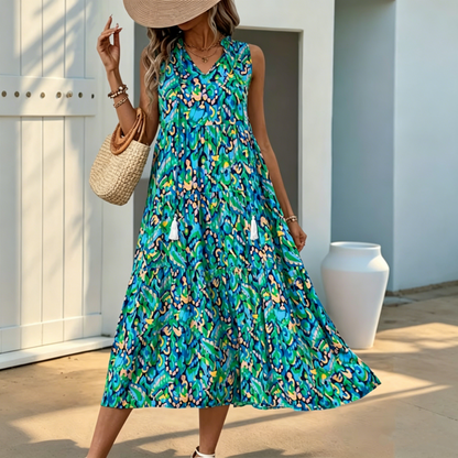 👗🌸☀️ PROMO -50% EN CE MOMENT ! Robe Midi à Volants sans Manches – Imprimé Abstrait, Coupe Fluide (7 Couleurs, S-XL)