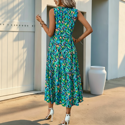 👗🌸☀️ PROMO -50% EN CE MOMENT ! Robe Midi à Volants sans Manches – Imprimé Abstrait, Coupe Fluide (7 Couleurs, S-XL)