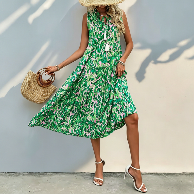 👗🌸☀️ PROMO -50% EN CE MOMENT ! Robe Midi à Volants sans Manches – Imprimé Abstrait, Coupe Fluide (7 Couleurs, S-XL)
