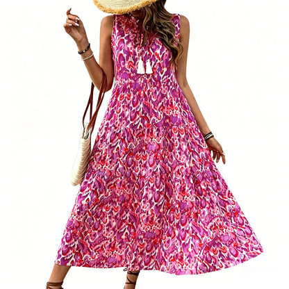 👗🌸☀️ PROMO -50% EN CE MOMENT ! Robe Midi à Volants sans Manches – Imprimé Abstrait, Coupe Fluide (7 Couleurs, S-XL)