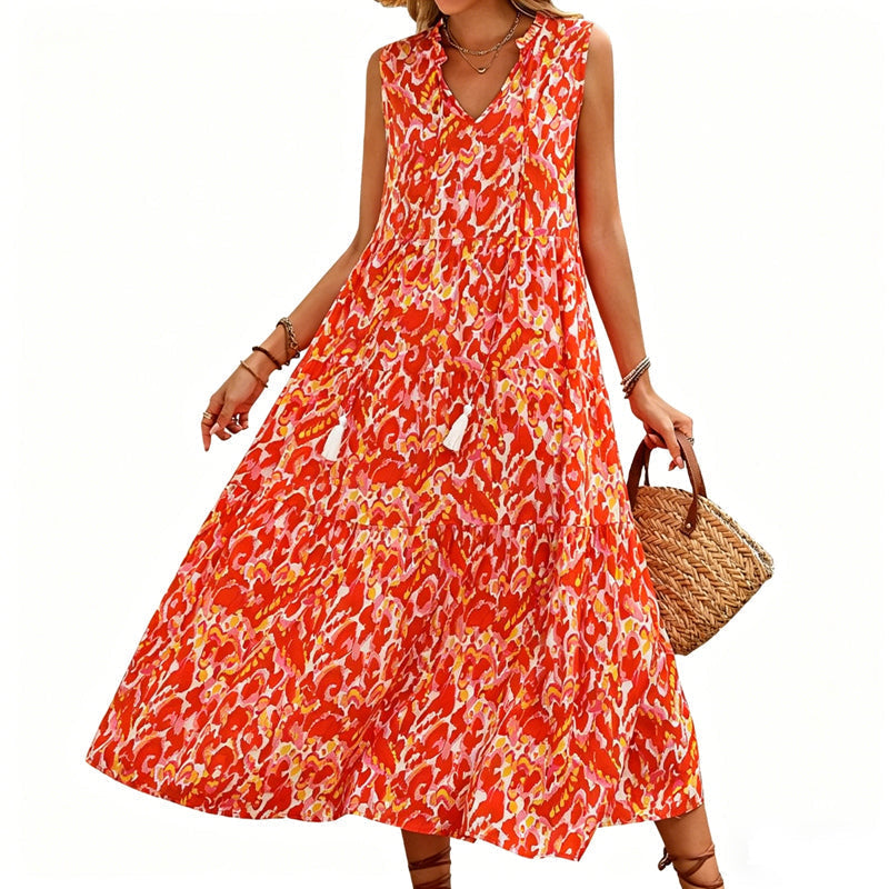 👗🌸☀️ PROMO -50% EN CE MOMENT ! Robe Midi à Volants sans Manches – Imprimé Abstrait, Coupe Fluide (7 Couleurs, S-XL)