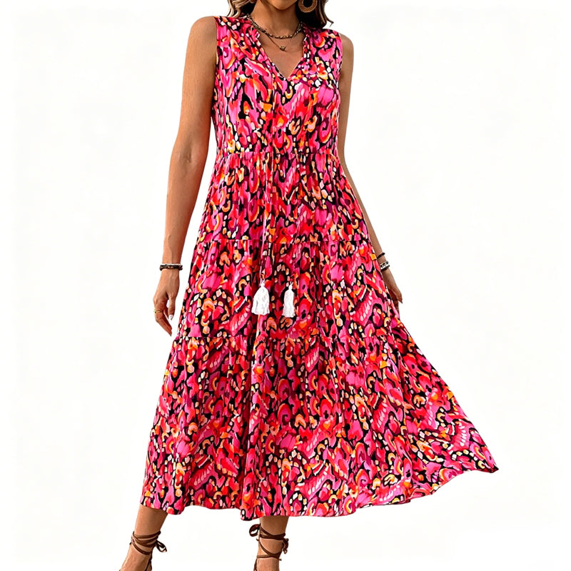 👗🌸☀️ PROMO -50% EN CE MOMENT ! Robe Midi à Volants sans Manches – Imprimé Abstrait, Coupe Fluide (7 Couleurs, S-XL)