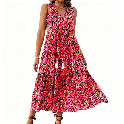 👗🌸☀️ PROMO -50% EN CE MOMENT ! Robe Midi à Volants sans Manches – Imprimé Abstrait, Coupe Fluide (7 Couleurs, S-XL)