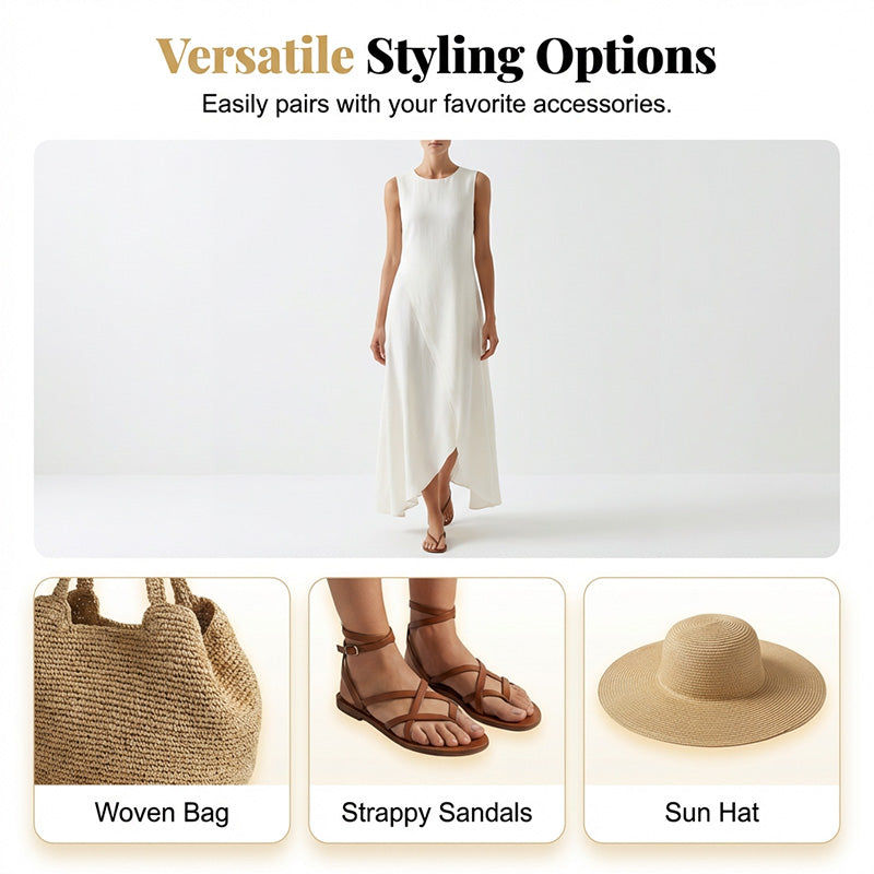 Robe longue chic, asymétrique et sans manches