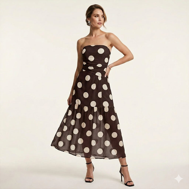 Élégante robe à volants sans bretelles à pois