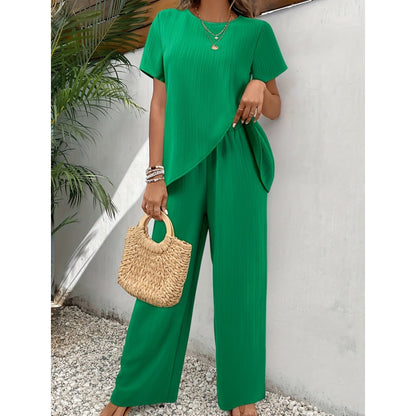 🔥Ensemble décontracté pour femme : haut asymétrique et pantalon à jambes larges✈️