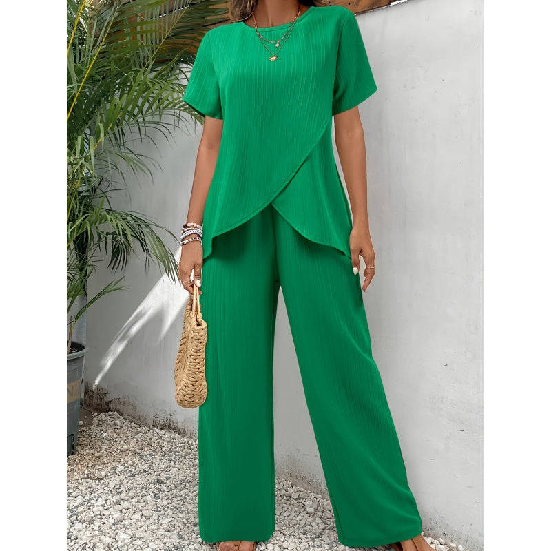 🔥Ensemble décontracté pour femme : haut asymétrique et pantalon à jambes larges✈️