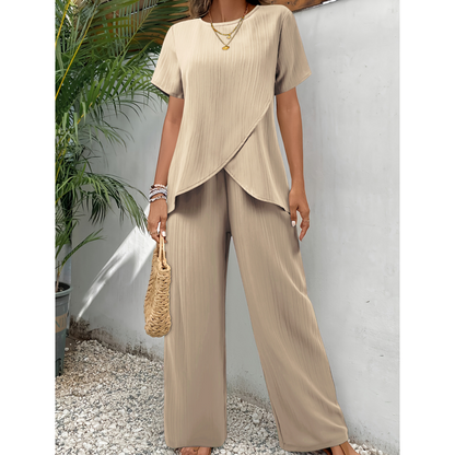 🔥Ensemble décontracté pour femme : haut asymétrique et pantalon à jambes larges✈️
