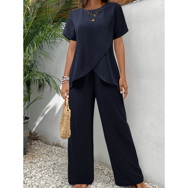 🔥Ensemble décontracté pour femme : haut asymétrique et pantalon à jambes larges✈️