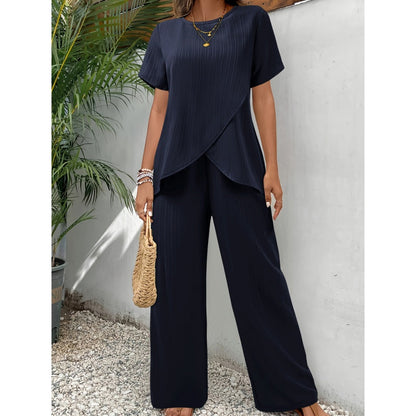 🔥Ensemble décontracté pour femme : haut asymétrique et pantalon à jambes larges✈️