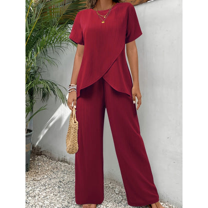 🔥Ensemble décontracté pour femme : haut asymétrique et pantalon à jambes larges✈️