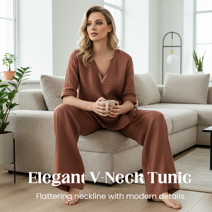 Ensemble haut et pantalon en lin mélangé respirant à col en V