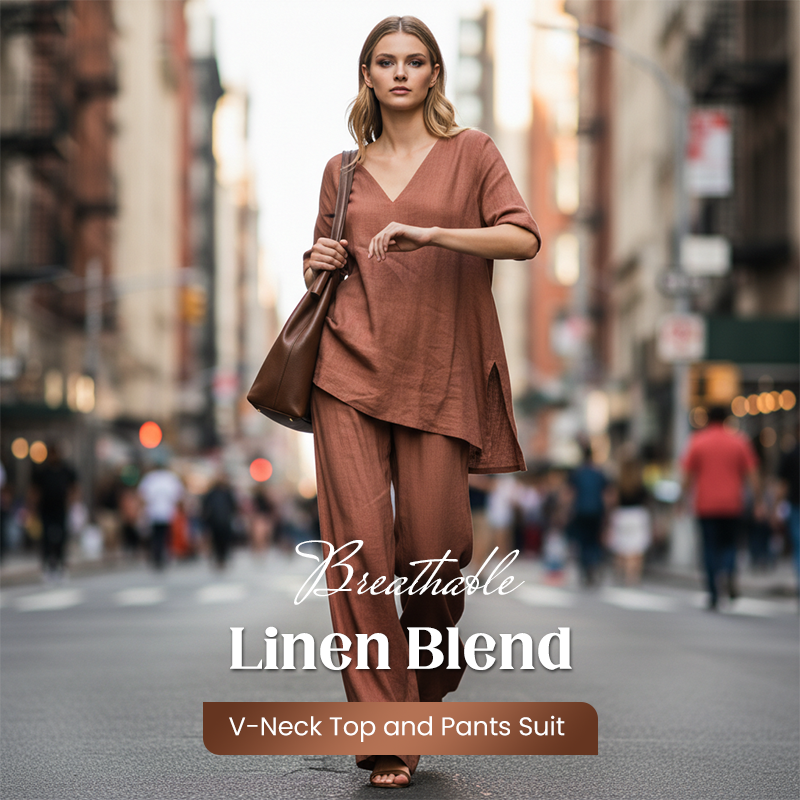Ensemble haut et pantalon en lin mélangé respirant à col en V
