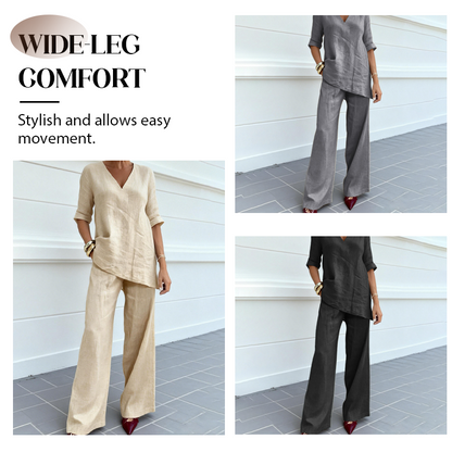 Ensemble haut et pantalon en lin mélangé respirant à col en V