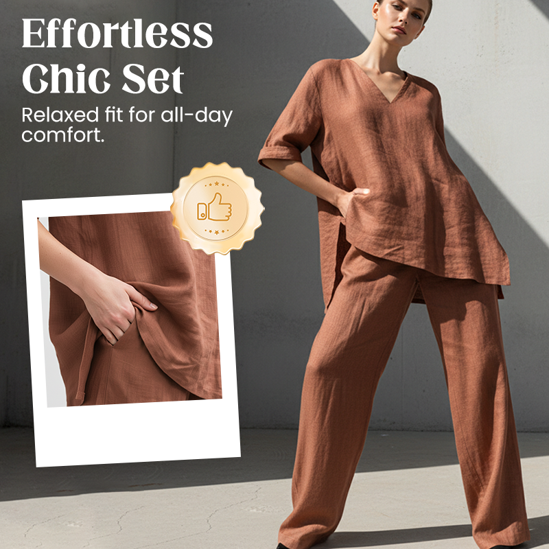 Ensemble haut et pantalon en lin mélangé respirant à col en V