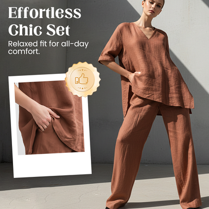 Ensemble haut et pantalon en lin mélangé respirant à col en V