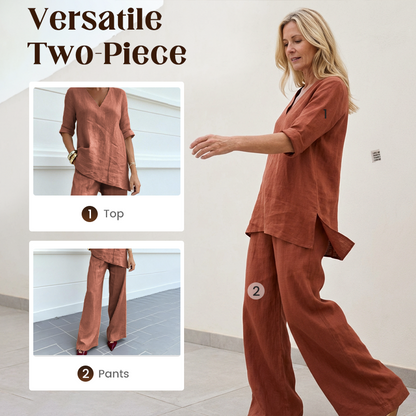 Ensemble haut et pantalon en lin mélangé respirant à col en V
