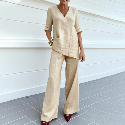 Ensemble haut et pantalon en lin mélangé respirant à col en V