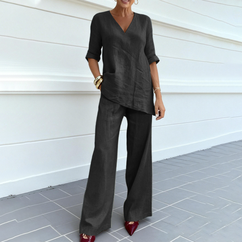 Ensemble haut et pantalon en lin mélangé respirant à col en V