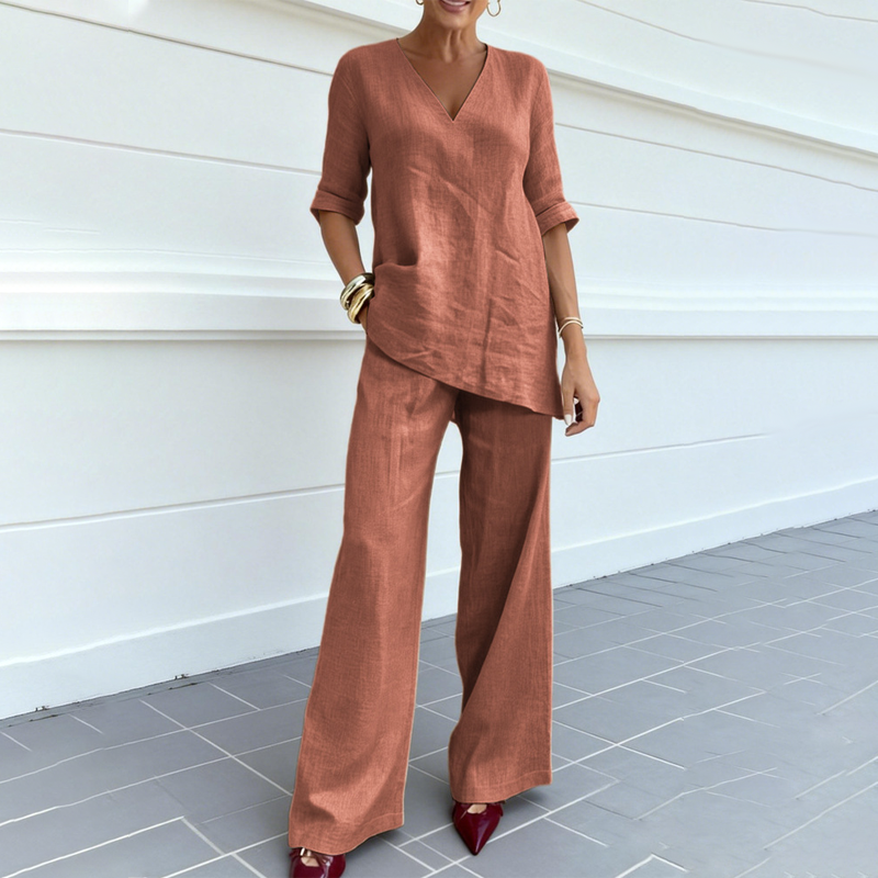 Ensemble haut et pantalon en lin mélangé respirant à col en V
