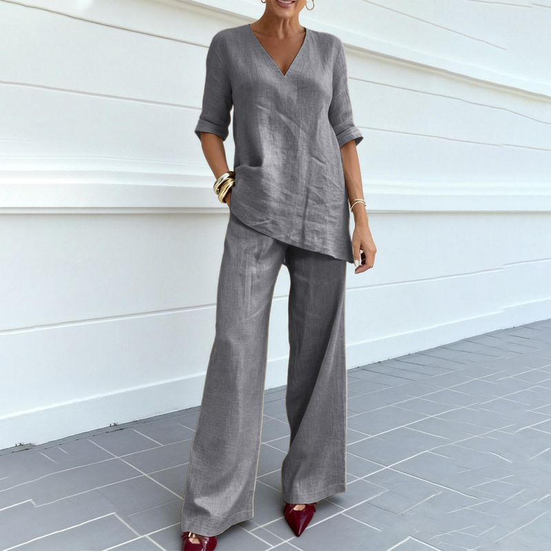 Ensemble haut et pantalon en lin mélangé respirant à col en V