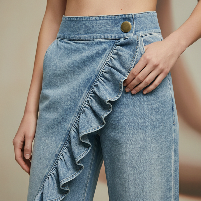 🎉 Fête à moitié prix !👖Pantalon en jean à jambes larges et volants asymétriques pour femme – Élégant, respirant et une pièce unique qui ne passe pas inaperçue 💥