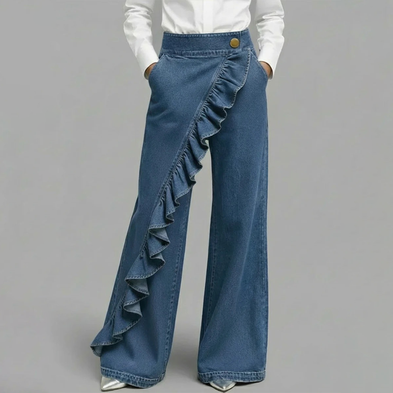 🎉 Fête à moitié prix !👖Pantalon en jean à jambes larges et volants asymétriques pour femme – Élégant, respirant et une pièce unique qui ne passe pas inaperçue 💥