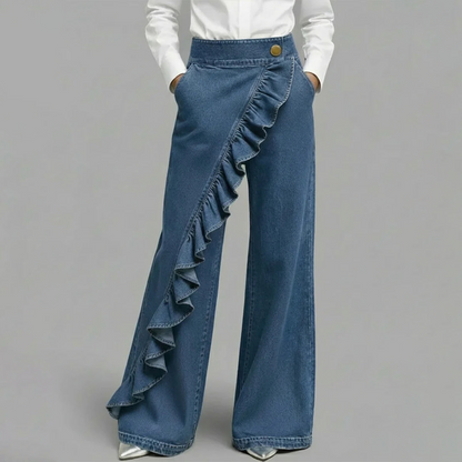 🎉 Fête à moitié prix !👖Pantalon en jean à jambes larges et volants asymétriques pour femme – Élégant, respirant et une pièce unique qui ne passe pas inaperçue 💥