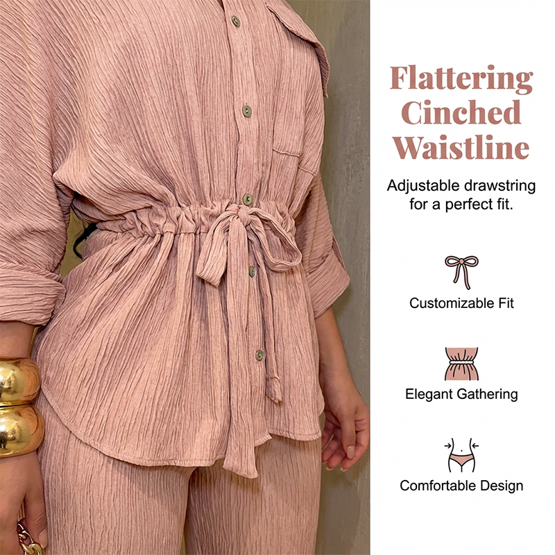 🎀 52 % DE RÉDUCTION MAINTENANT ! 👖 Ensemble chemise à cordon de serrage et pantalon large pour femme – taille ajustable, pantalon fluide et tissu texturé 🌿