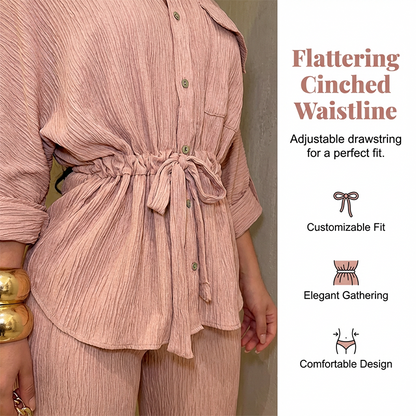 🎀 52 % DE RÉDUCTION MAINTENANT ! 👖 Ensemble chemise à cordon de serrage et pantalon large pour femme – taille ajustable, pantalon fluide et tissu texturé 🌿