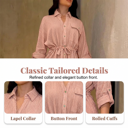 🎀 52 % DE RÉDUCTION MAINTENANT ! 👖 Ensemble chemise à cordon de serrage et pantalon large pour femme – taille ajustable, pantalon fluide et tissu texturé 🌿