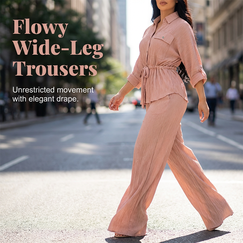 🎀 52 % DE RÉDUCTION MAINTENANT ! 👖 Ensemble chemise à cordon de serrage et pantalon large pour femme – taille ajustable, pantalon fluide et tissu texturé 🌿