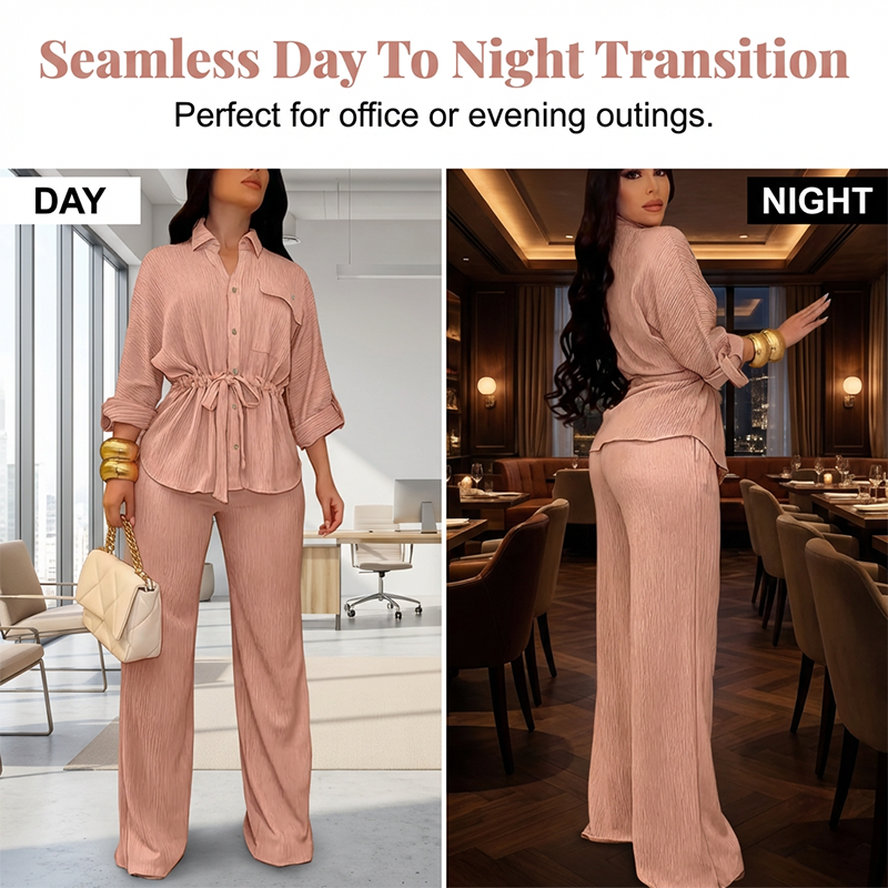 🎀 52 % DE RÉDUCTION MAINTENANT ! 👖 Ensemble chemise à cordon de serrage et pantalon large pour femme – taille ajustable, pantalon fluide et tissu texturé 🌿