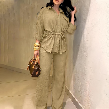 🎀 52 % DE RÉDUCTION MAINTENANT ! 👖 Ensemble chemise à cordon de serrage et pantalon large pour femme – taille ajustable, pantalon fluide et tissu texturé 🌿