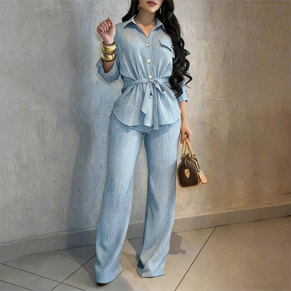 🎀 52 % DE RÉDUCTION MAINTENANT ! 👖 Ensemble chemise à cordon de serrage et pantalon large pour femme – taille ajustable, pantalon fluide et tissu texturé 🌿