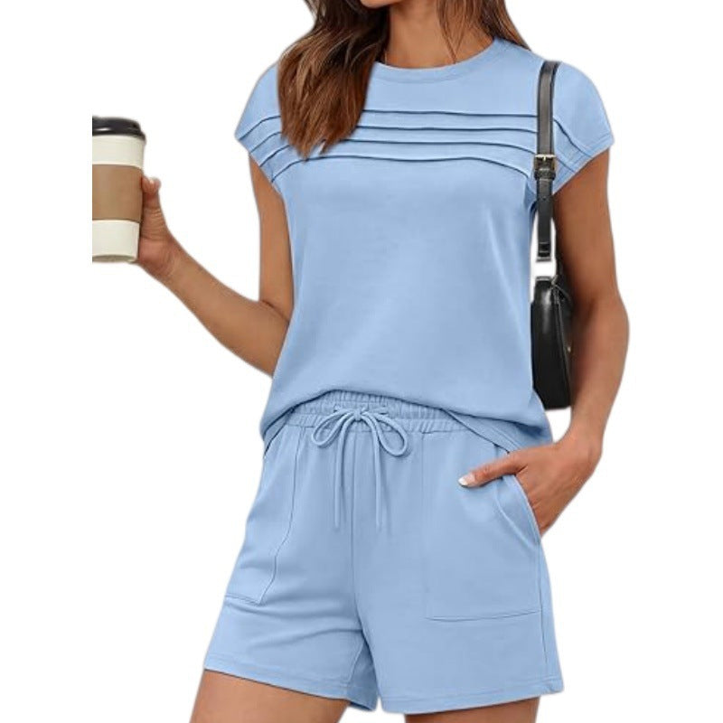 ⏳Offre à durée limitée : 50 % de réduction !!⏰Ensemble pour femme composé d'un t-shirt à plis et d'un short à cordon – Ensemble décontracté et confortable en deux pièces