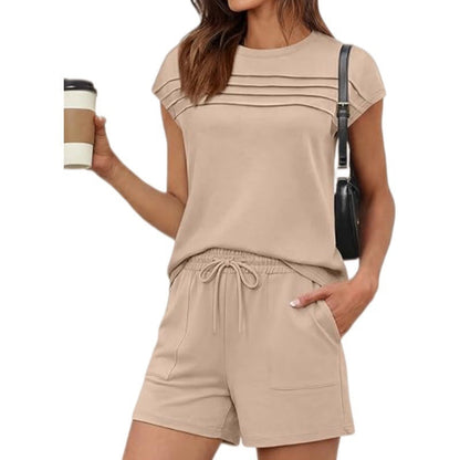 ⏳Offre à durée limitée : 50 % de réduction !!⏰Ensemble pour femme composé d'un t-shirt à plis et d'un short à cordon – Ensemble décontracté et confortable en deux pièces