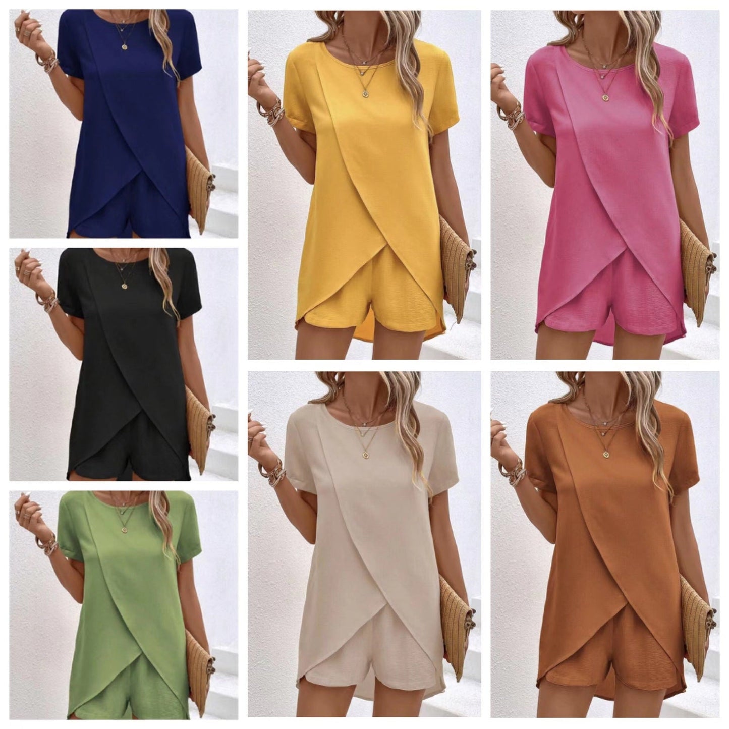 Ensemble deux pièces pour femme composé d'un haut asymétrique et d'un short, couleur unie