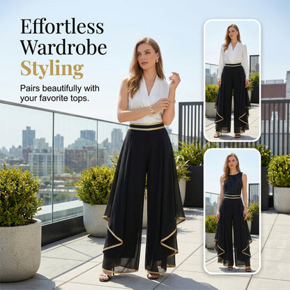 👖 55% DE RÉDUCTION LIMITÉE ! ✨ Pantalon large pour femme – Fluide, passepoil doré, élégant, polyvalent 🍂